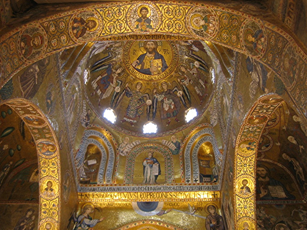 FIG. 2: Dome mosaics of the Cappella Palatina (1142-43) with Greek inscriptions [Source: Wikimedia Commons]