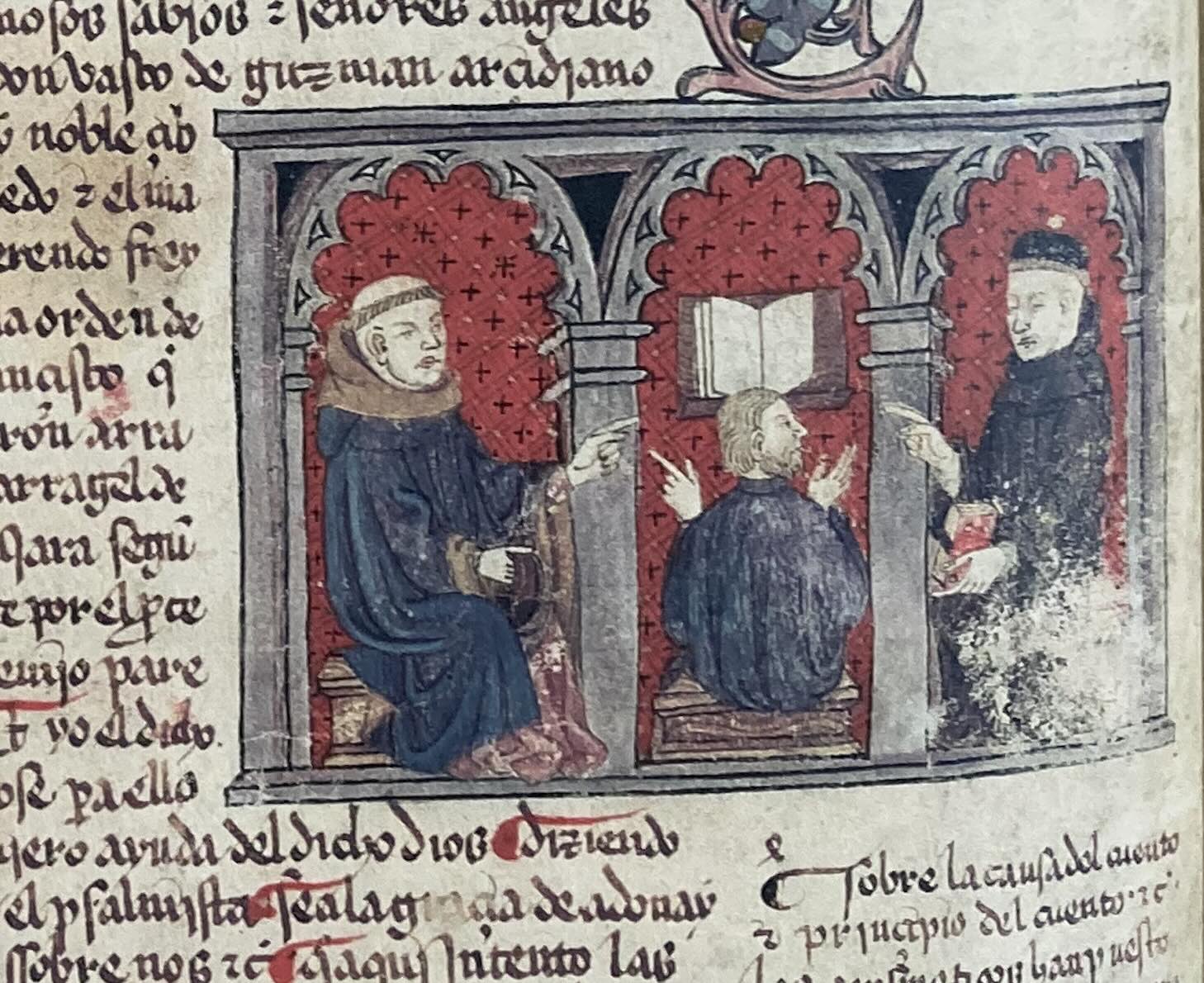 Figure 2: The scholars at work (Alba Bible, fol. 1v): Rabbi Moses Arragel seated between Arias de Ençinas (Franciscan Superior of Toledo, right) and Don Vasco de Guzmán (Dominican archdeacon of Toledo, left). Photo: Anthony Ellis