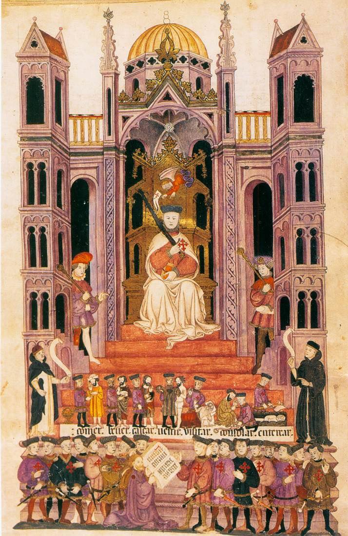 Figure 3: Rabbi Moses presents his Bible to Don Luis (Alba Bible, fol. 25v). Photo: Anthony Ellis